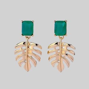 Anthropologie Gold Plated Tropical Monstera Leaves Emerald Green Drop Ea…
